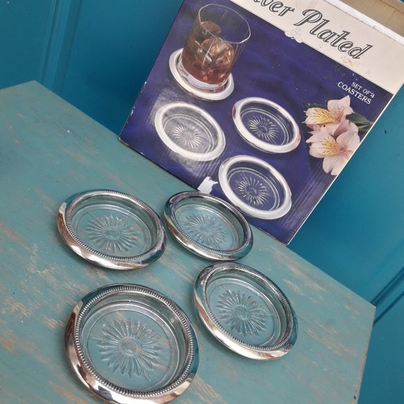 Glass Silver Plated Coasters Vintage Coaster Set Crystal Starburst New in Box - Picture 16 of 16